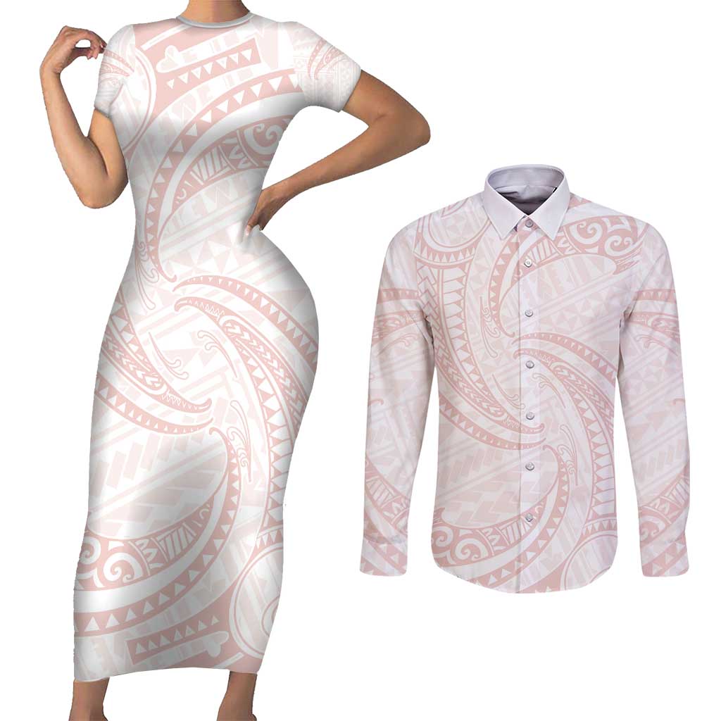 White Sunday Lotu Tamaiti Couples Matching Short Sleeve Bodycon Dress and Long Sleeve Button Shirt Polynesian Wave Pastel Blush LT9 Blush - Polynesian Pride