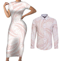 White Sunday Lotu Tamaiti Couples Matching Short Sleeve Bodycon Dress and Long Sleeve Button Shirt Polynesian Wave Pastel Blush LT9 Blush - Polynesian Pride