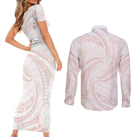 White Sunday Lotu Tamaiti Couples Matching Short Sleeve Bodycon Dress and Long Sleeve Button Shirt Polynesian Wave Pastel Blush LT9 - Polynesian Pride