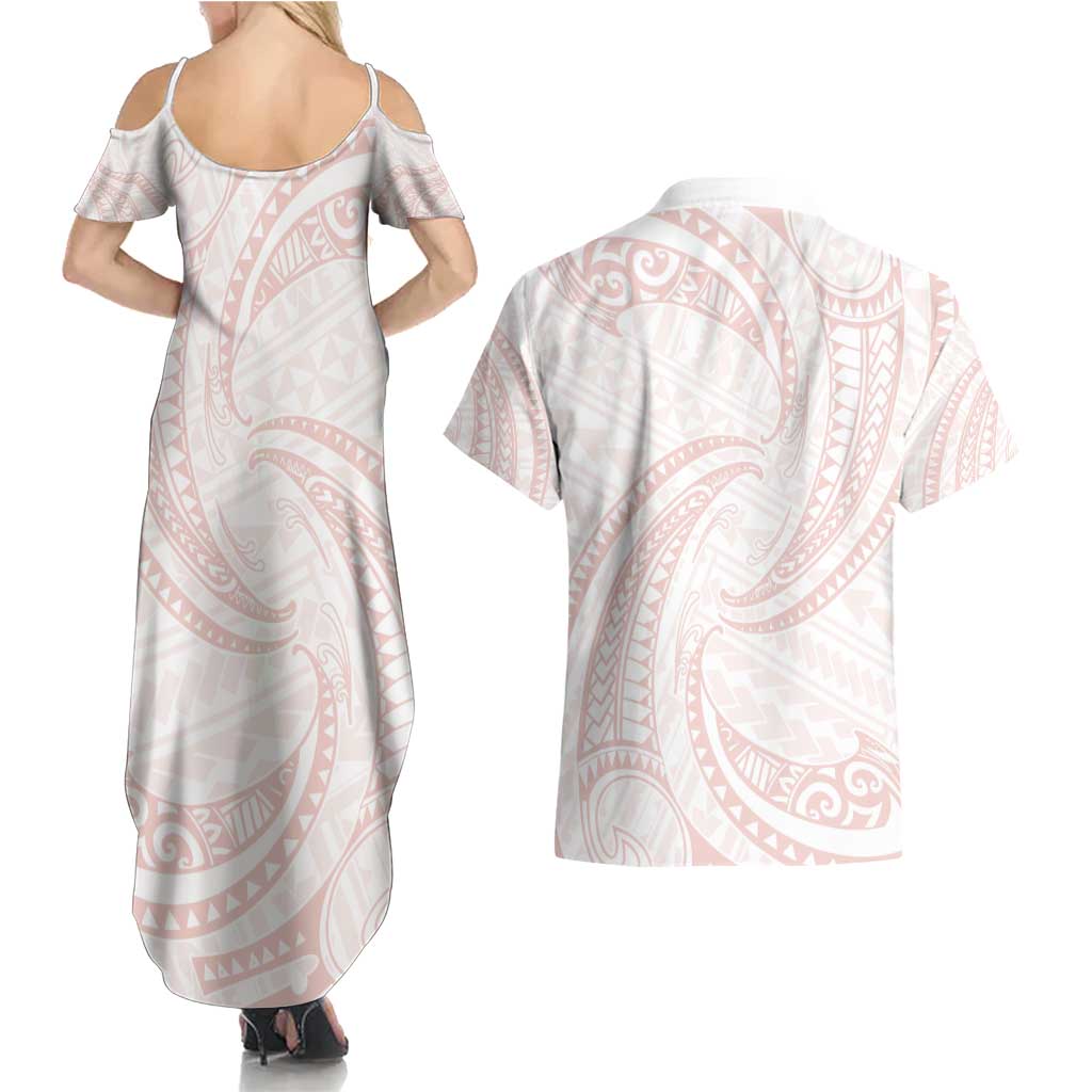 White Sunday Lotu Tamaiti Couples Matching Summer Maxi Dress and Hawaiian Shirt Polynesian Wave Pastel Blush LT9 - Polynesian Pride
