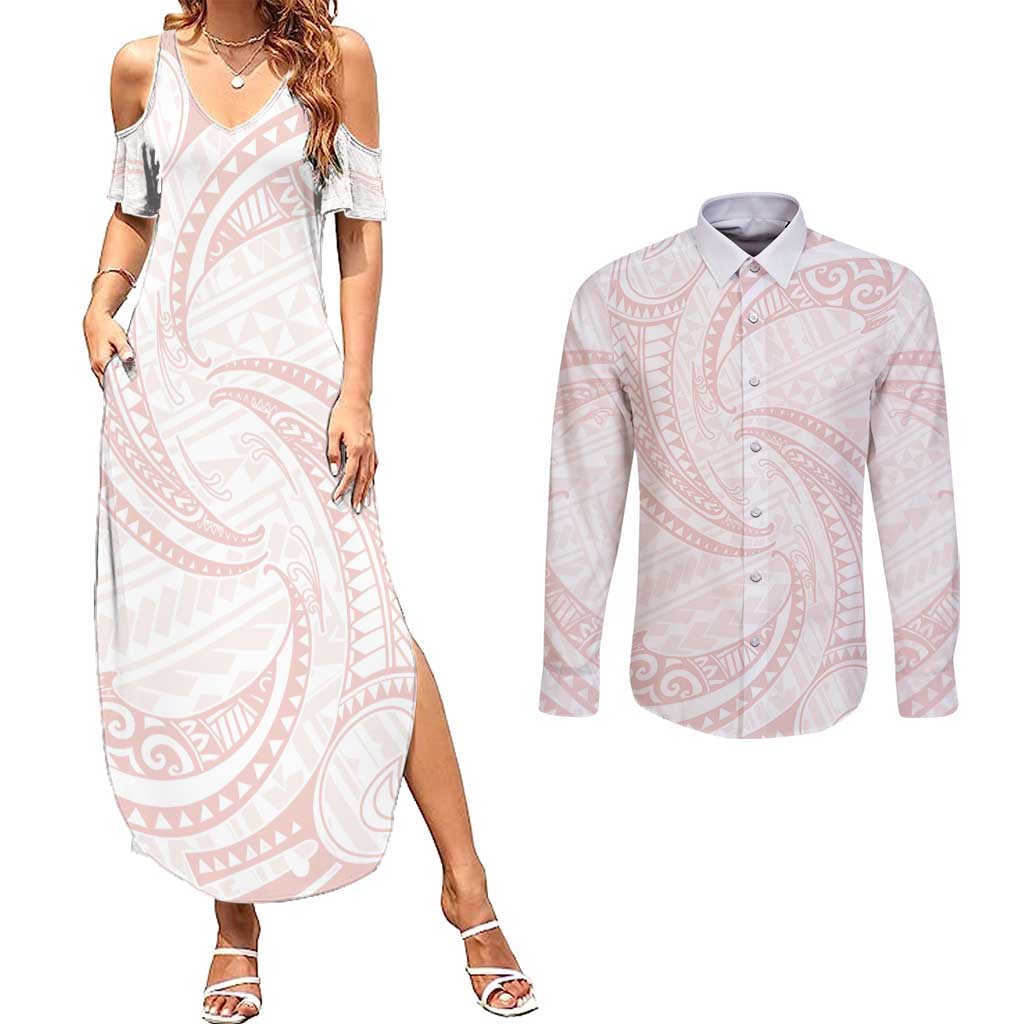 White Sunday Lotu Tamaiti Couples Matching Summer Maxi Dress and Long Sleeve Button Shirt Polynesian Wave Pastel Blush LT9 Blush - Polynesian Pride