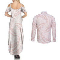White Sunday Lotu Tamaiti Couples Matching Summer Maxi Dress and Long Sleeve Button Shirt Polynesian Wave Pastel Blush LT9 - Polynesian Pride