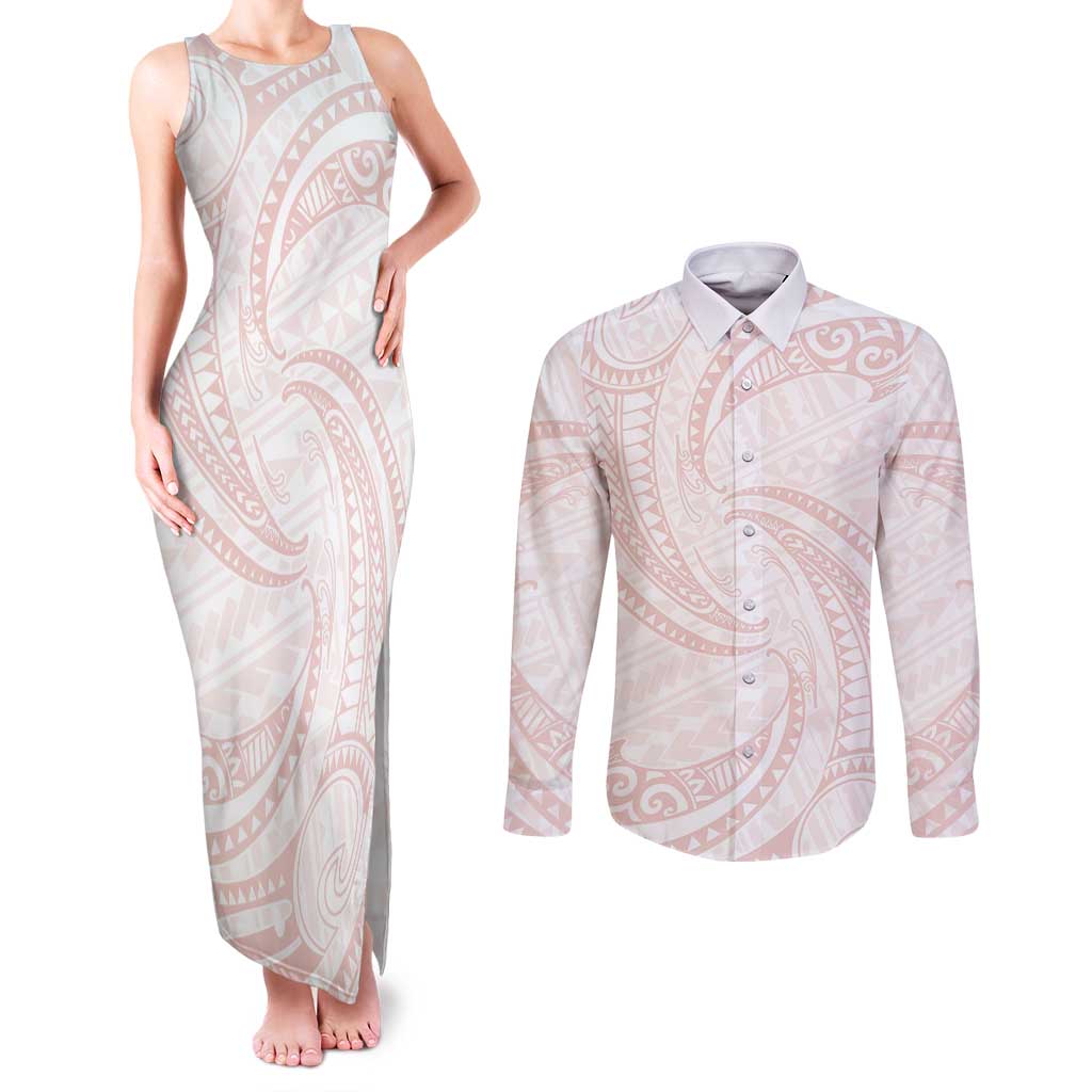 White Sunday Lotu Tamaiti Couples Matching Tank Maxi Dress and Long Sleeve Button Shirt Polynesian Wave Pastel Blush LT9 Blush - Polynesian Pride