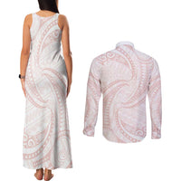 White Sunday Lotu Tamaiti Couples Matching Tank Maxi Dress and Long Sleeve Button Shirt Polynesian Wave Pastel Blush LT9 - Polynesian Pride