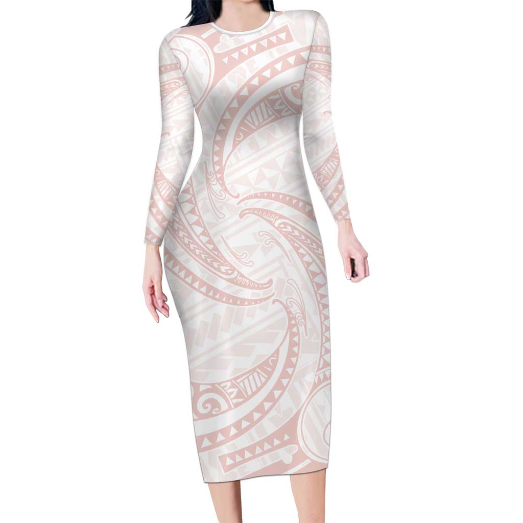 White Sunday Lotu Tamaiti Family Matching Long Sleeve Bodycon Dress and Hawaiian Shirt Polynesian Wave Pastel Blush LT9 Mom's Dress Blush - Polynesian Pride