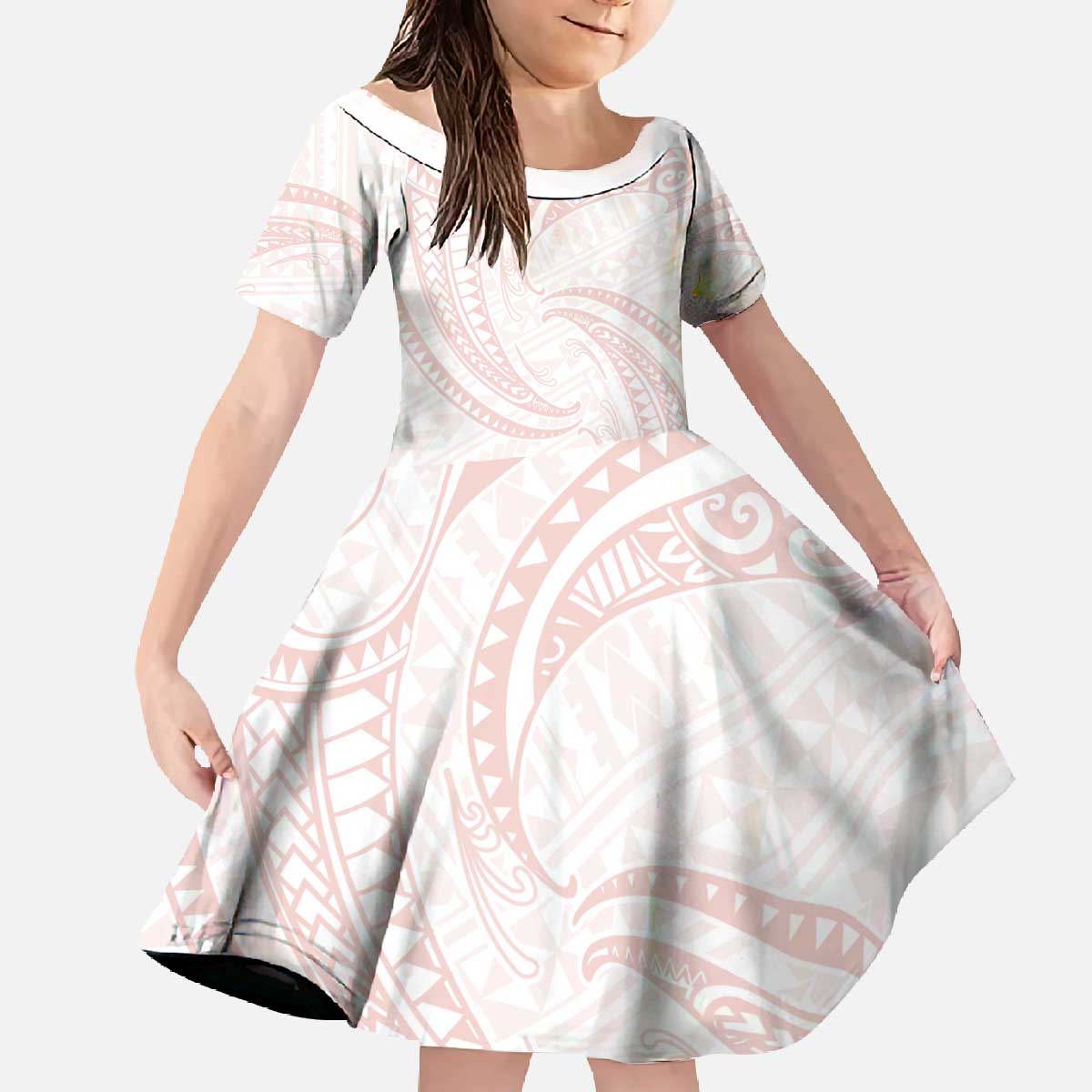 White Sunday Lotu Tamaiti Family Matching Off The Shoulder Long Sleeve Dress and Hawaiian Shirt Polynesian Wave Pastel Blush LT9 Daughter's Dress Blush - Polynesian Pride