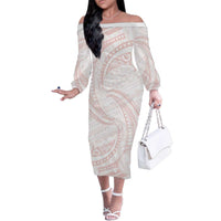 White Sunday Lotu Tamaiti Family Matching Off The Shoulder Long Sleeve Dress and Hawaiian Shirt Polynesian Wave Pastel Blush LT9 Mom's Dress Blush - Polynesian Pride