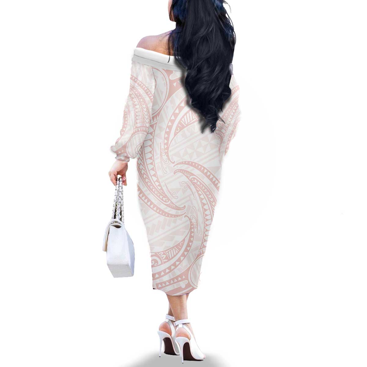 White Sunday Lotu Tamaiti Family Matching Off The Shoulder Long Sleeve Dress and Hawaiian Shirt Polynesian Wave Pastel Blush LT9 - Polynesian Pride