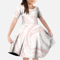 White Sunday Lotu Tamaiti Family Matching Off Shoulder Maxi Dress and Hawaiian Shirt Polynesian Wave Pastel Blush LT9 Daughter's Dress Blush - Polynesian Pride