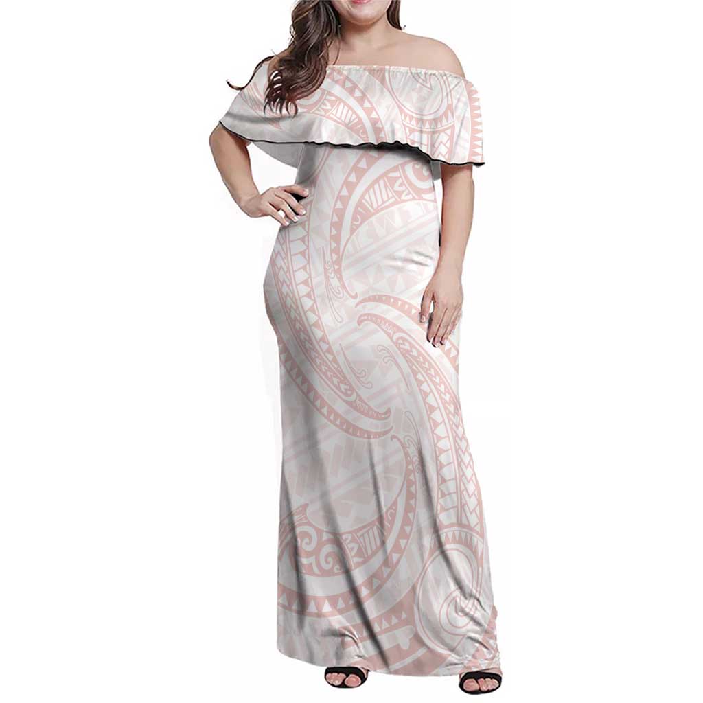 White Sunday Lotu Tamaiti Family Matching Off Shoulder Maxi Dress and Hawaiian Shirt Polynesian Wave Pastel Blush LT9 Mom's Dress Blush - Polynesian Pride