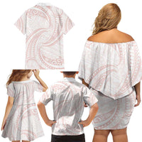 White Sunday Lotu Tamaiti Family Matching Off Shoulder Short Dress and Hawaiian Shirt Polynesian Wave Pastel Blush LT9 - Polynesian Pride