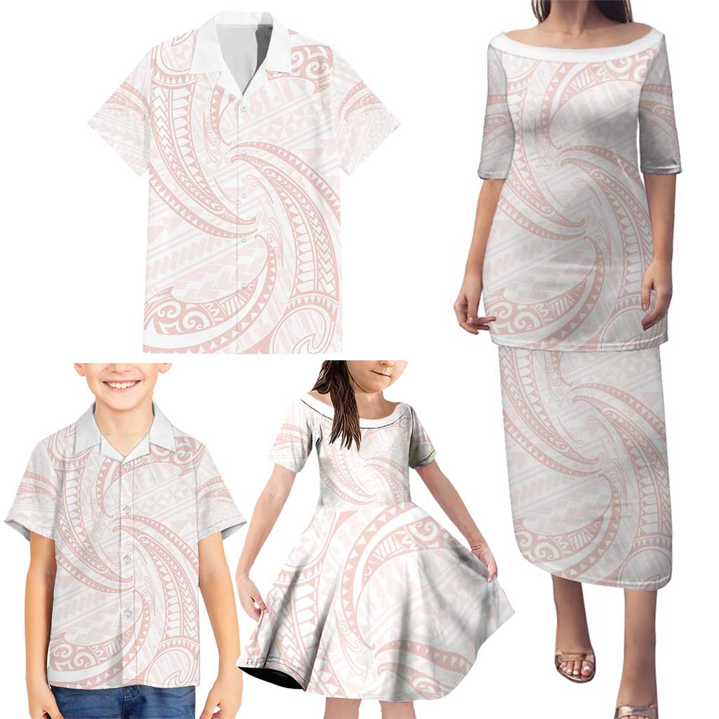 White Sunday Lotu Tamaiti Family Matching Puletasi and Hawaiian Shirt Polynesian Wave Pastel Blush LT9 - Polynesian Pride