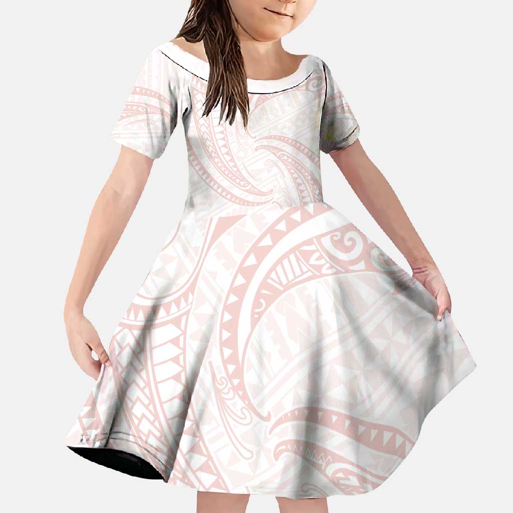 White Sunday Lotu Tamaiti Family Matching Short Sleeve Bodycon Dress and Hawaiian Shirt Polynesian Wave Pastel Blush LT9 Daughter's Dress Blush - Polynesian Pride