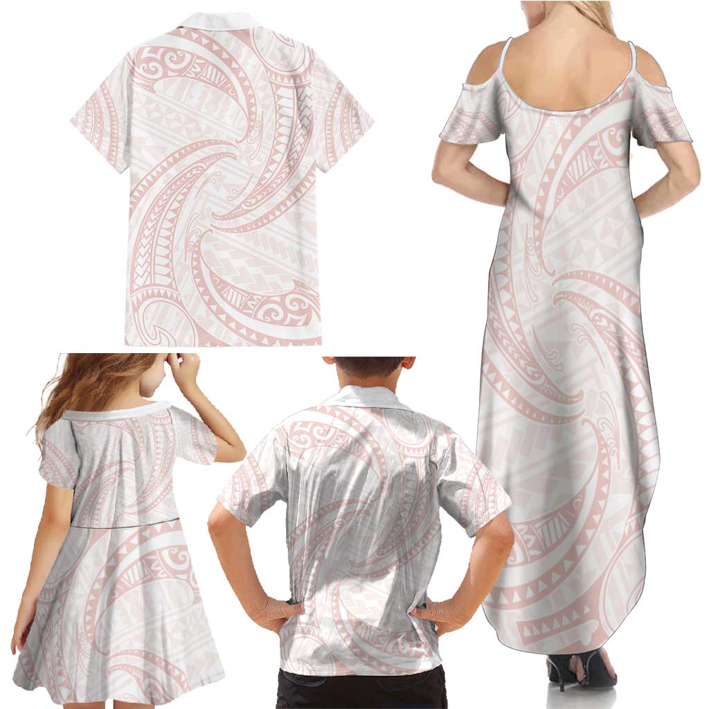 White Sunday Lotu Tamaiti Family Matching Summer Maxi Dress and Hawaiian Shirt Polynesian Wave Pastel Blush LT9 - Polynesian Pride