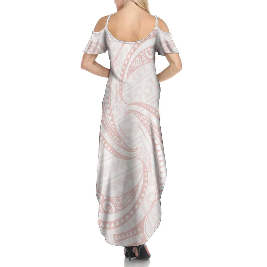 White Sunday Lotu Tamaiti Family Matching Summer Maxi Dress and Hawaiian Shirt Polynesian Wave Pastel Blush LT9 - Polynesian Pride