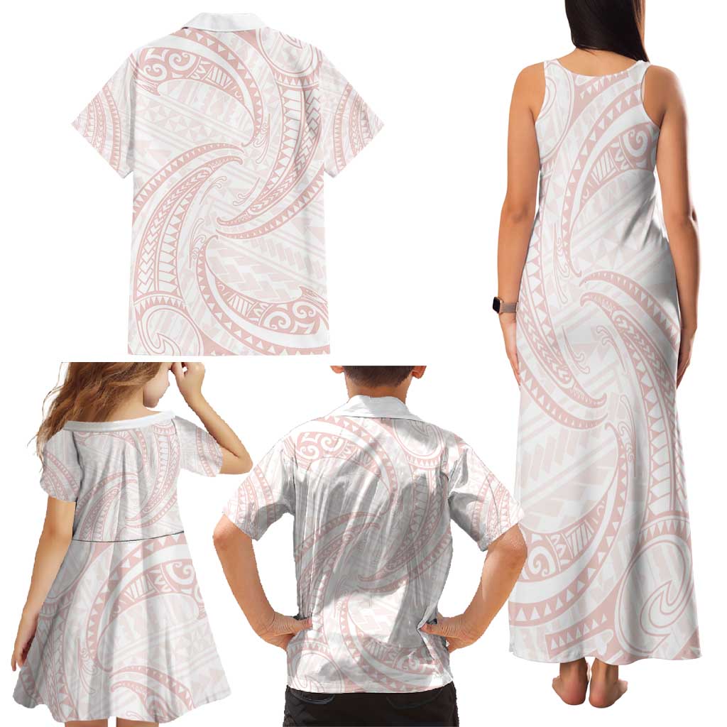 White Sunday Lotu Tamaiti Family Matching Tank Maxi Dress and Hawaiian Shirt Polynesian Wave Pastel Blush LT9 - Polynesian Pride