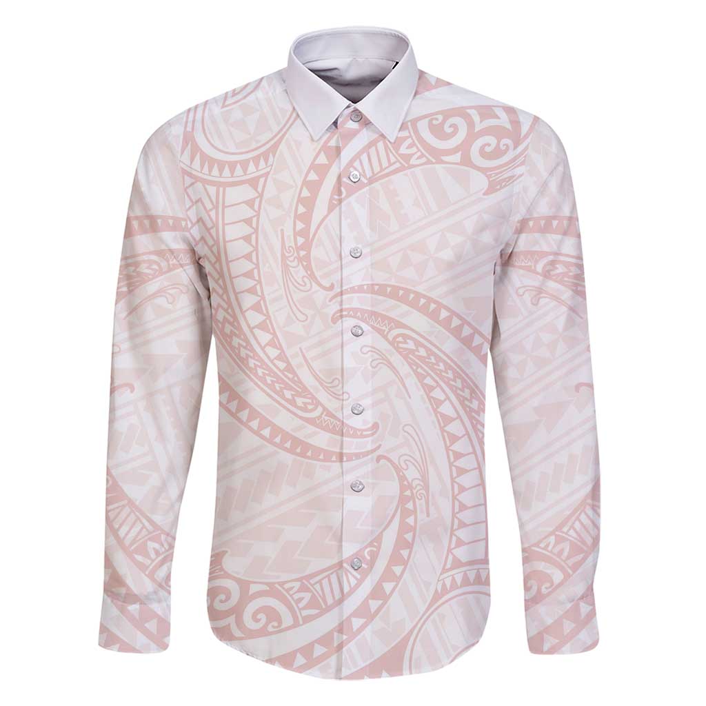 White Sunday Lotu Tamaiti Family Matching Tank Maxi Dress and Hawaiian Shirt Polynesian Wave Pastel Blush LT9 Dad's Shirt - Long Sleeve Blush - Polynesian Pride