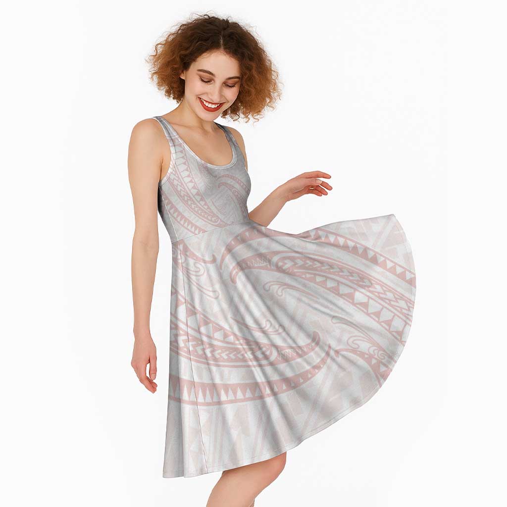 White Sunday Lotu Tamaiti Midi Dress Polynesian Wave Pastel Blush - Polynesian Pride