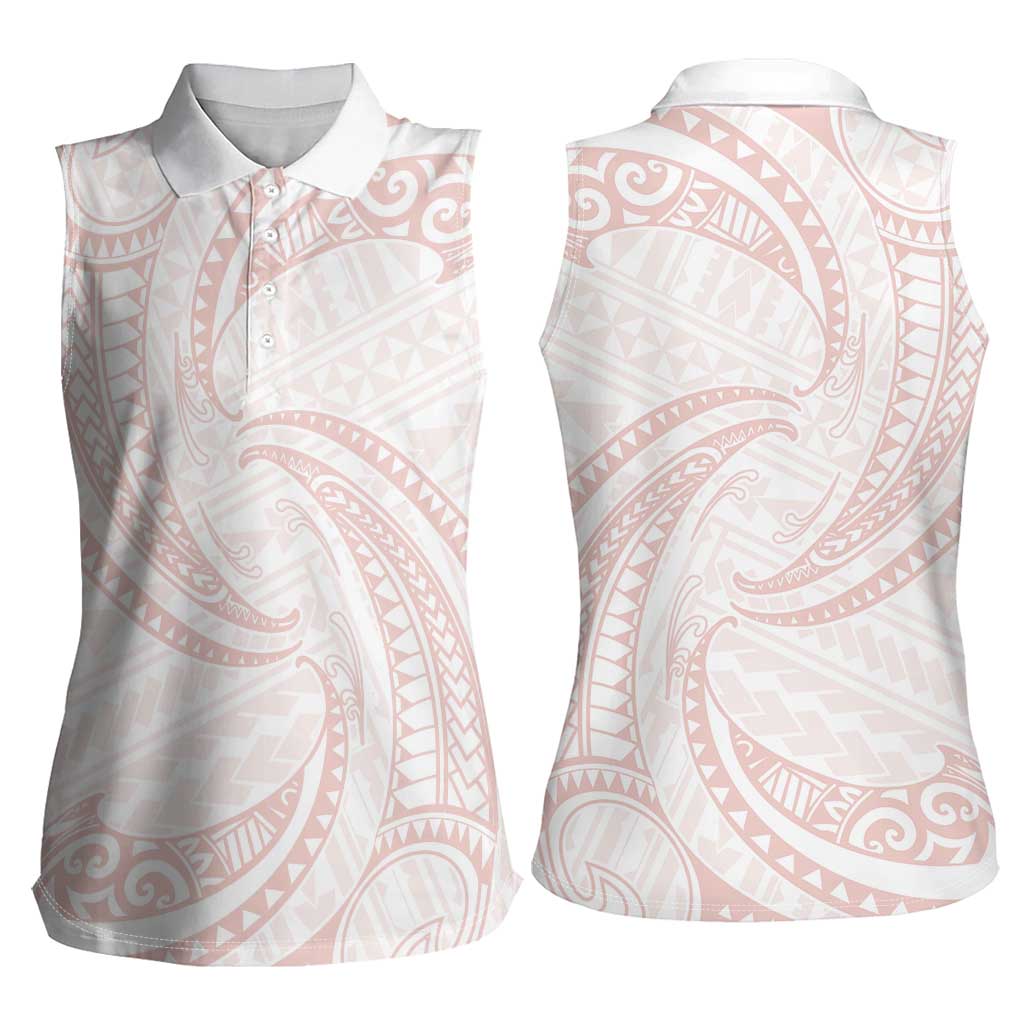 White Sunday Lotu Tamaiti Women Sleeveless Polo Shirt Polynesian Wave Pastel Blush LT9 - Polynesian Pride