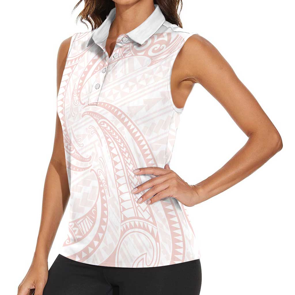 White Sunday Lotu Tamaiti Women Sleeveless Polo Shirt Polynesian Wave Pastel Blush LT9 - Polynesian Pride