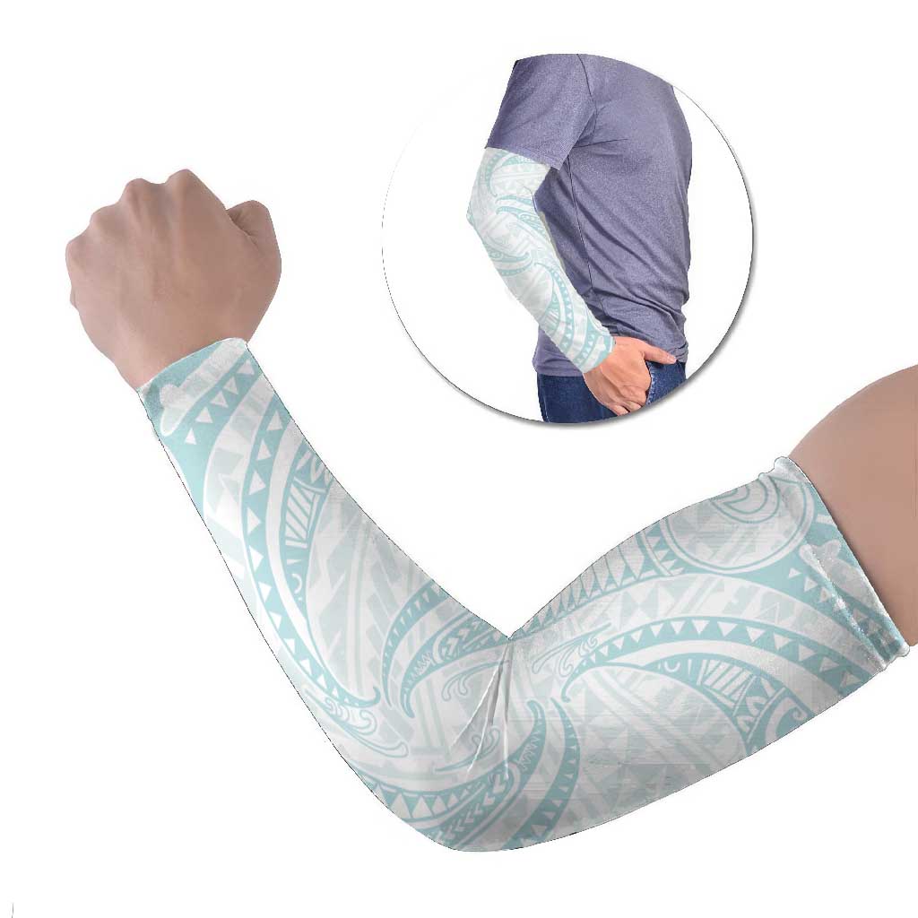 White Sunday Lotu Tamaiti Arm Sleeves Polynesian Wave Pastel Cyan - Polynesian Pride