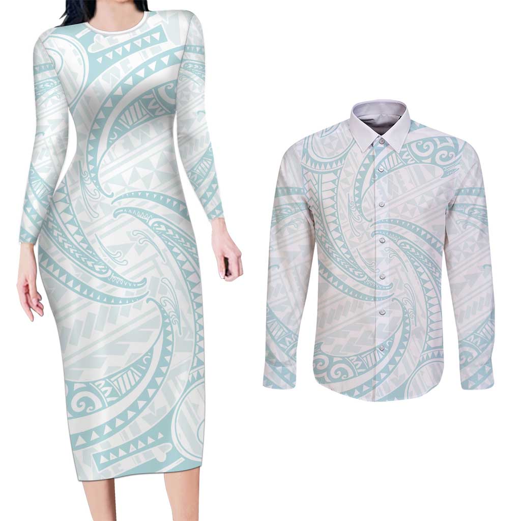 White Sunday Lotu Tamaiti Couples Matching Long Sleeve Bodycon Dress and Long Sleeve Button Shirt Polynesian Wave Pastel Cyan LT9 Cyan - Polynesian Pride