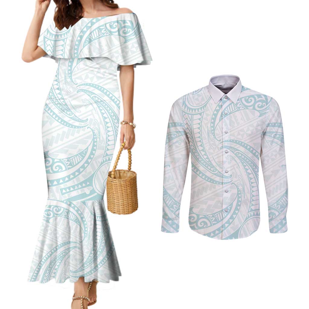 White Sunday Lotu Tamaiti Couples Matching Mermaid Dress and Long Sleeve Button Shirt Polynesian Wave Pastel Cyan LT9 Cyan - Polynesian Pride