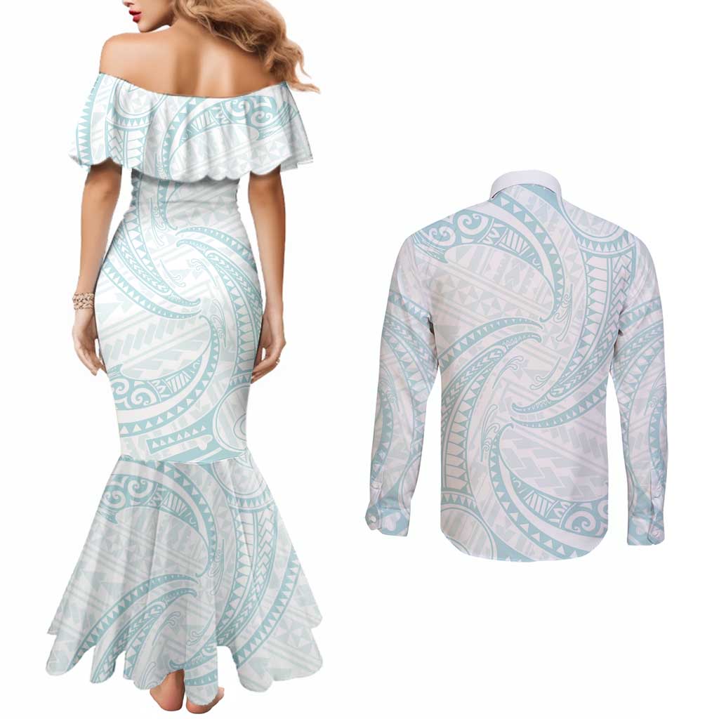 White Sunday Lotu Tamaiti Couples Matching Mermaid Dress and Long Sleeve Button Shirt Polynesian Wave Pastel Cyan LT9 - Polynesian Pride