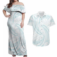 White Sunday Lotu Tamaiti Couples Matching Off Shoulder Maxi Dress and Hawaiian Shirt Polynesian Wave Pastel Cyan LT9 Cyan - Polynesian Pride