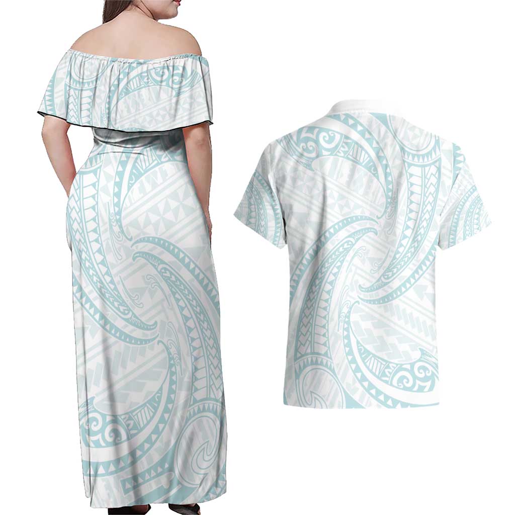 White Sunday Lotu Tamaiti Couples Matching Off Shoulder Maxi Dress and Hawaiian Shirt Polynesian Wave Pastel Cyan LT9 - Polynesian Pride