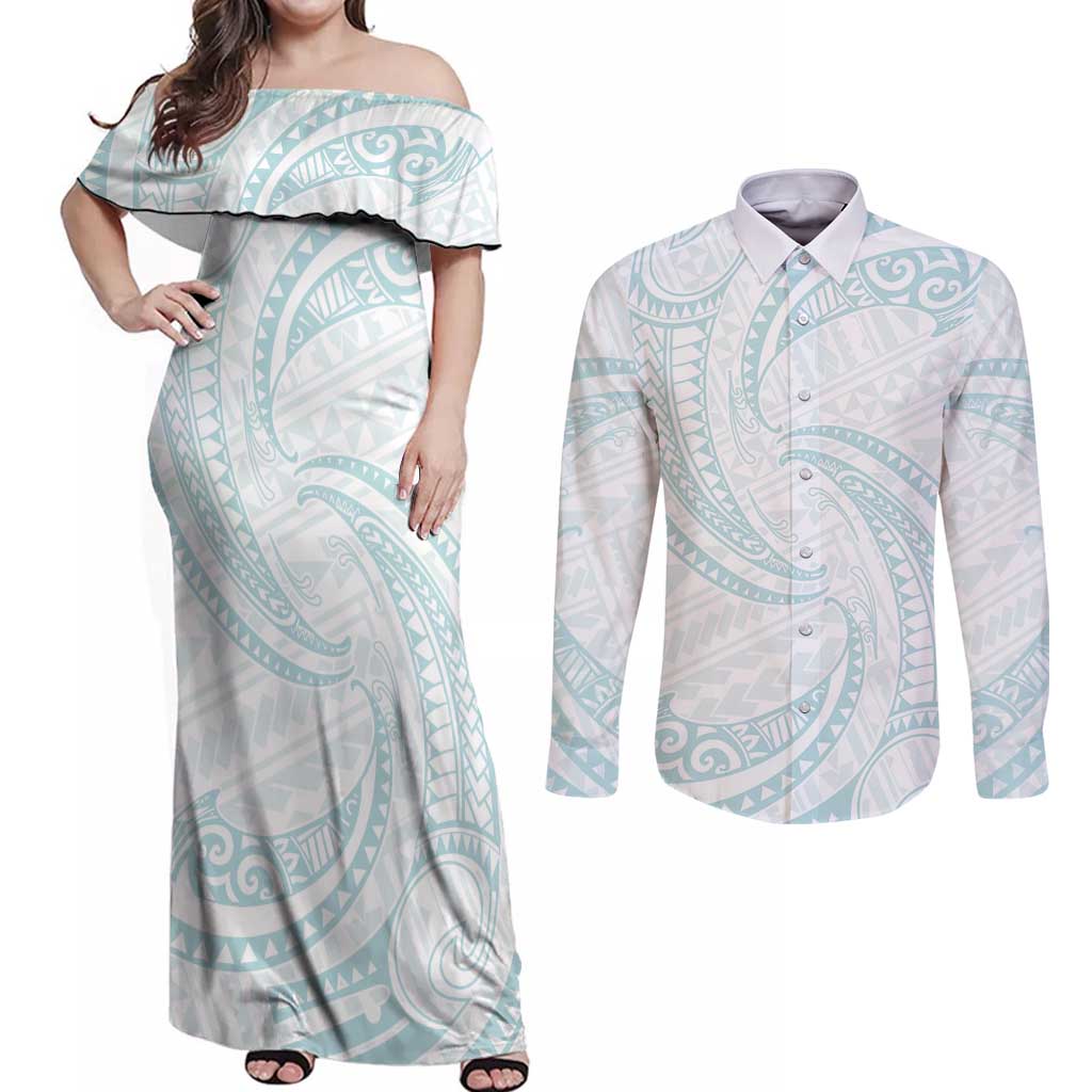 White Sunday Lotu Tamaiti Couples Matching Off Shoulder Maxi Dress and Long Sleeve Button Shirt Polynesian Wave Pastel Cyan LT9 Cyan - Polynesian Pride