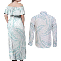 White Sunday Lotu Tamaiti Couples Matching Off Shoulder Maxi Dress and Long Sleeve Button Shirt Polynesian Wave Pastel Cyan LT9 - Polynesian Pride