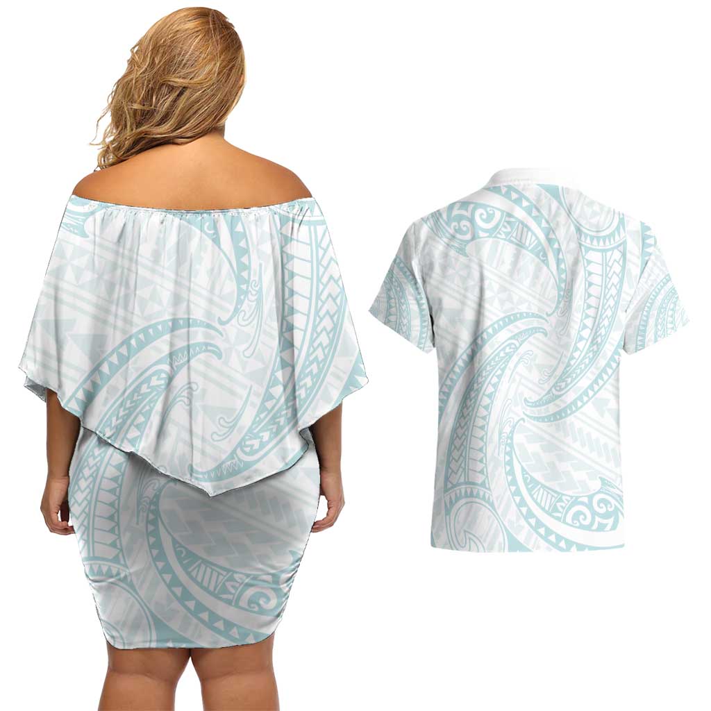 White Sunday Lotu Tamaiti Couples Matching Off Shoulder Short Dress and Hawaiian Shirt Polynesian Wave Pastel Cyan LT9 - Polynesian Pride