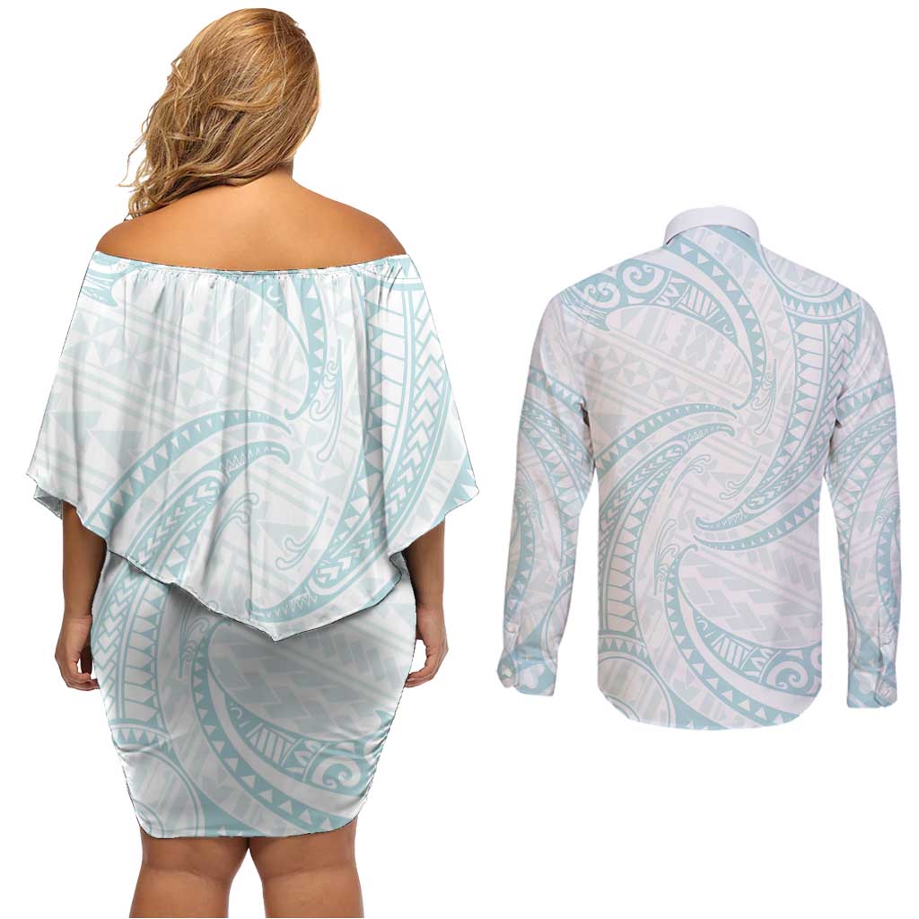 White Sunday Lotu Tamaiti Couples Matching Off Shoulder Short Dress and Long Sleeve Button Shirt Polynesian Wave Pastel Cyan LT9 - Polynesian Pride