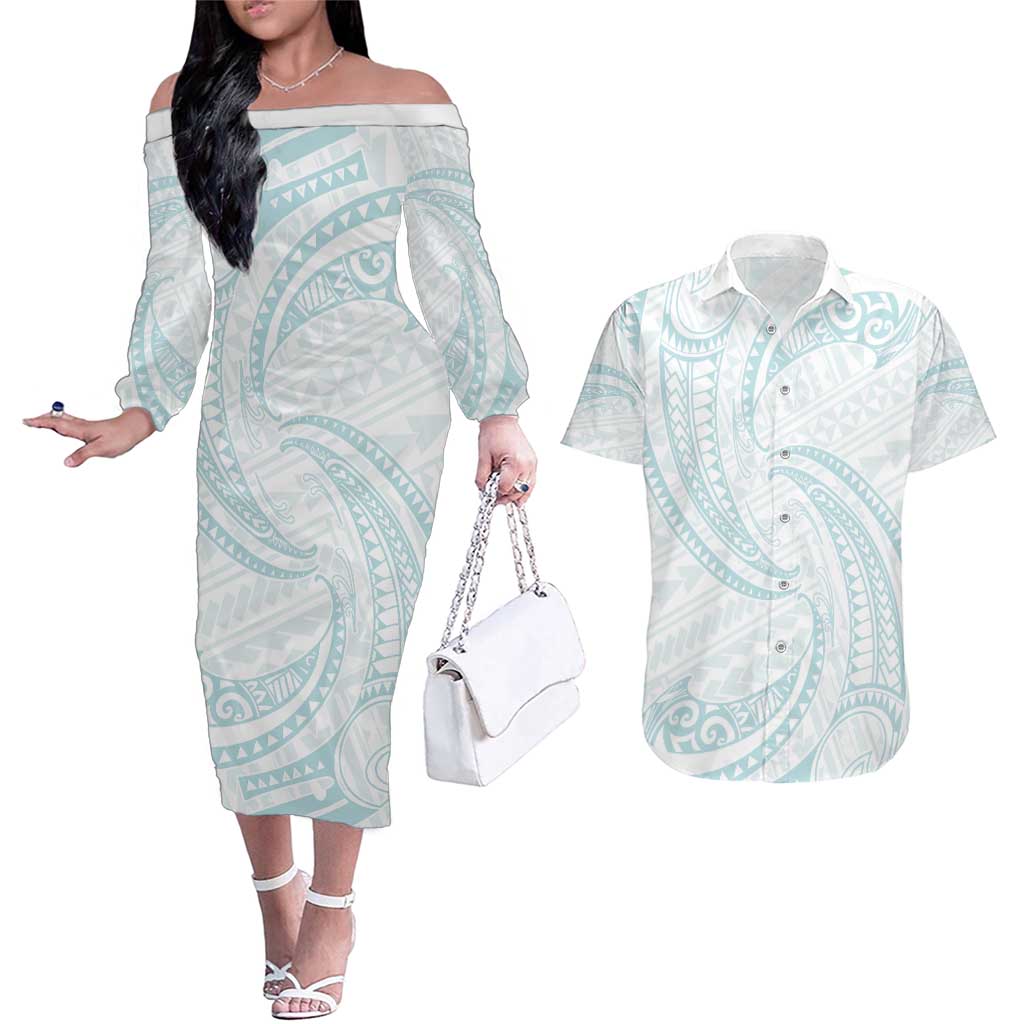 White Sunday Lotu Tamaiti Couples Matching Off The Shoulder Long Sleeve Dress and Hawaiian Shirt Polynesian Wave Pastel Cyan LT9 Cyan - Polynesian Pride