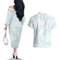 White Sunday Lotu Tamaiti Couples Matching Off The Shoulder Long Sleeve Dress and Hawaiian Shirt Polynesian Wave Pastel Cyan LT9 - Polynesian Pride