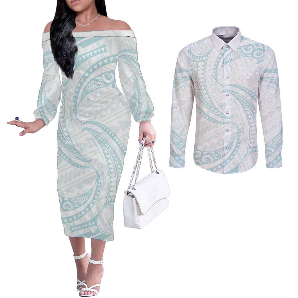 White Sunday Lotu Tamaiti Couples Matching Off The Shoulder Long Sleeve Dress and Long Sleeve Button Shirt Polynesian Wave Pastel Cyan LT9 Cyan - Polynesian Pride
