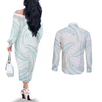 White Sunday Lotu Tamaiti Couples Matching Off The Shoulder Long Sleeve Dress and Long Sleeve Button Shirt Polynesian Wave Pastel Cyan LT9 - Polynesian Pride