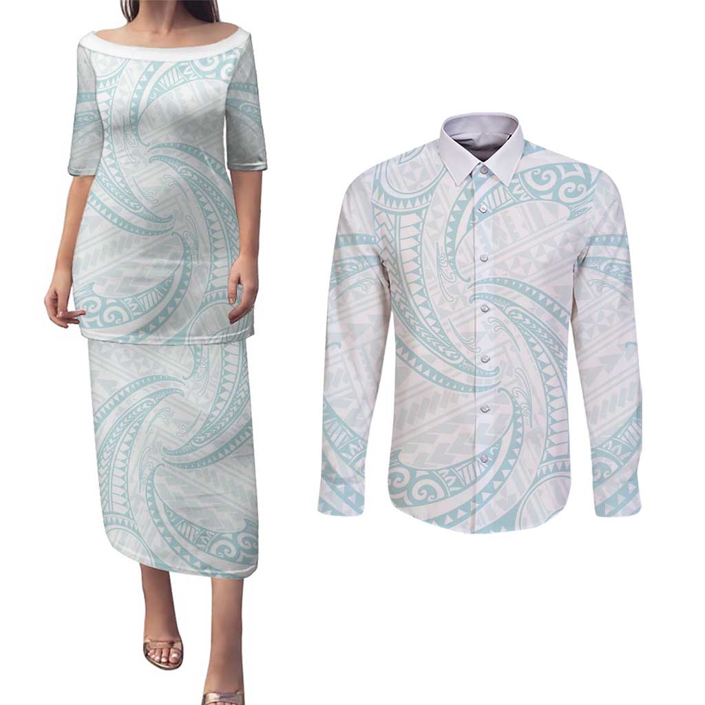 White Sunday Lotu Tamaiti Couples Matching Puletasi and Long Sleeve Button Shirt Polynesian Wave Pastel Cyan LT9 Cyan - Polynesian Pride