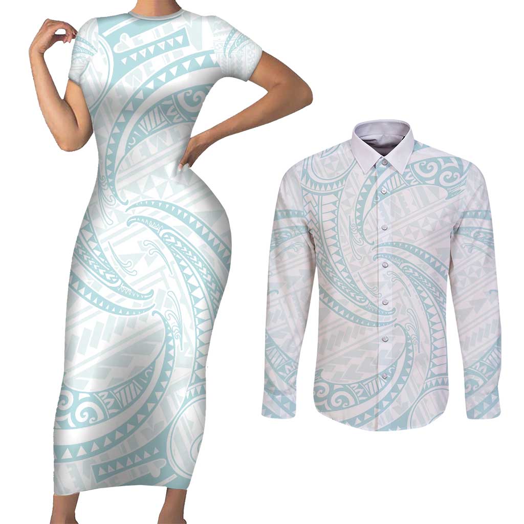 White Sunday Lotu Tamaiti Couples Matching Short Sleeve Bodycon Dress and Long Sleeve Button Shirt Polynesian Wave Pastel Cyan LT9 Cyan - Polynesian Pride