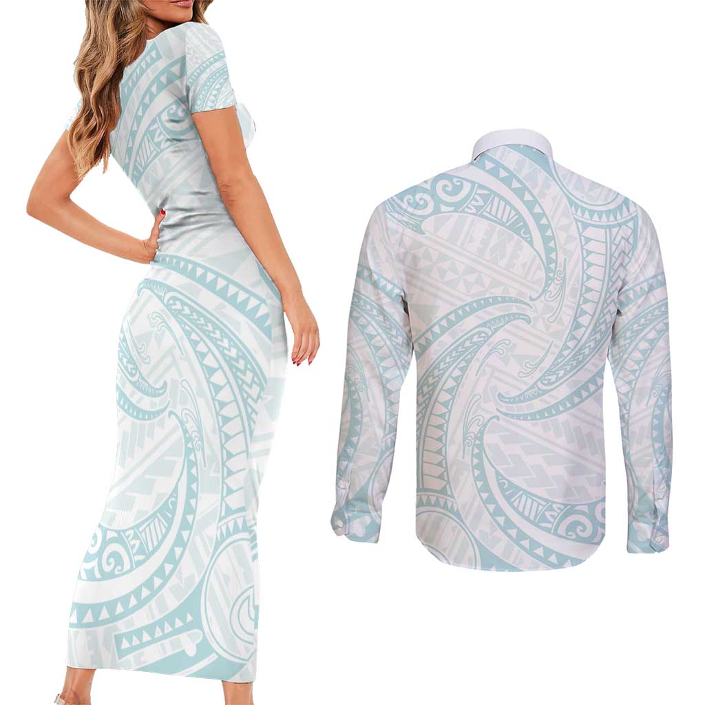 White Sunday Lotu Tamaiti Couples Matching Short Sleeve Bodycon Dress and Long Sleeve Button Shirt Polynesian Wave Pastel Cyan LT9 - Polynesian Pride