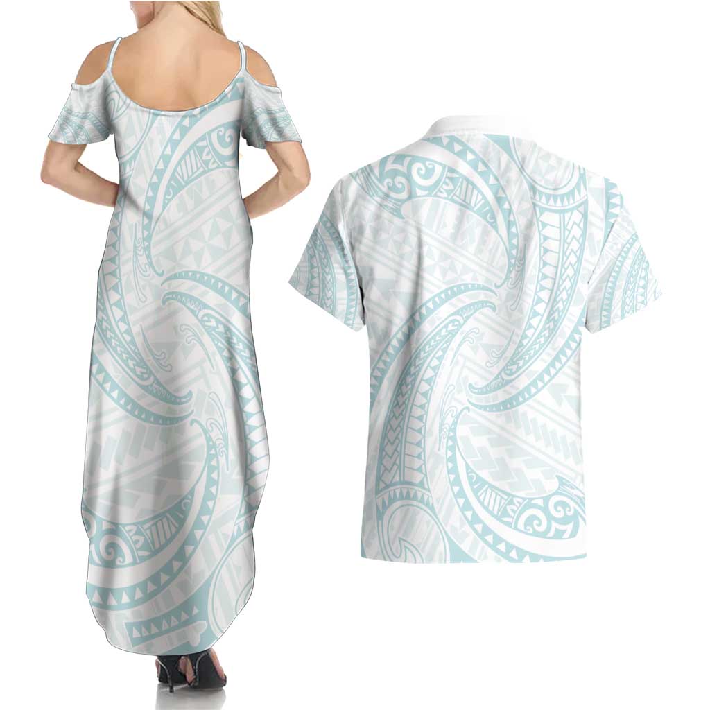 White Sunday Lotu Tamaiti Couples Matching Summer Maxi Dress and Hawaiian Shirt Polynesian Wave Pastel Cyan LT9 - Polynesian Pride