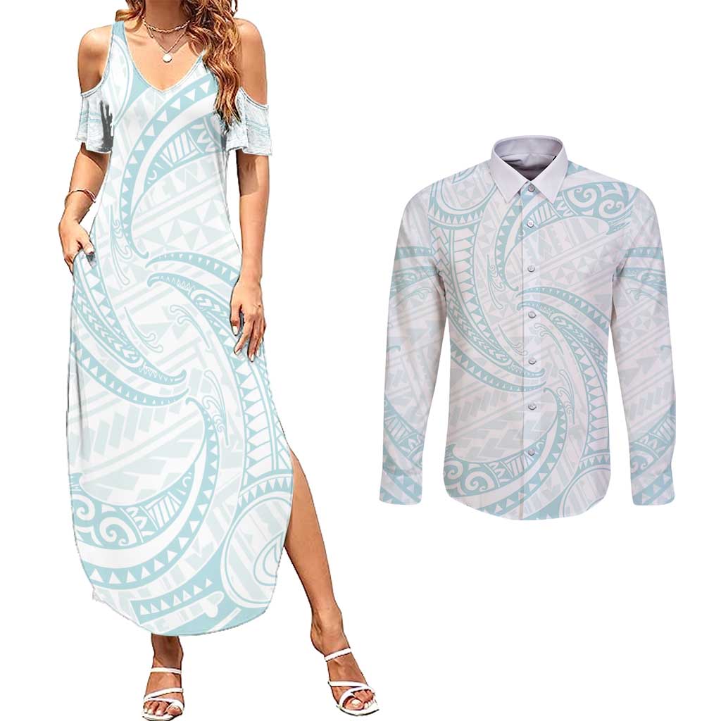 White Sunday Lotu Tamaiti Couples Matching Summer Maxi Dress and Long Sleeve Button Shirt Polynesian Wave Pastel Cyan LT9 Cyan - Polynesian Pride