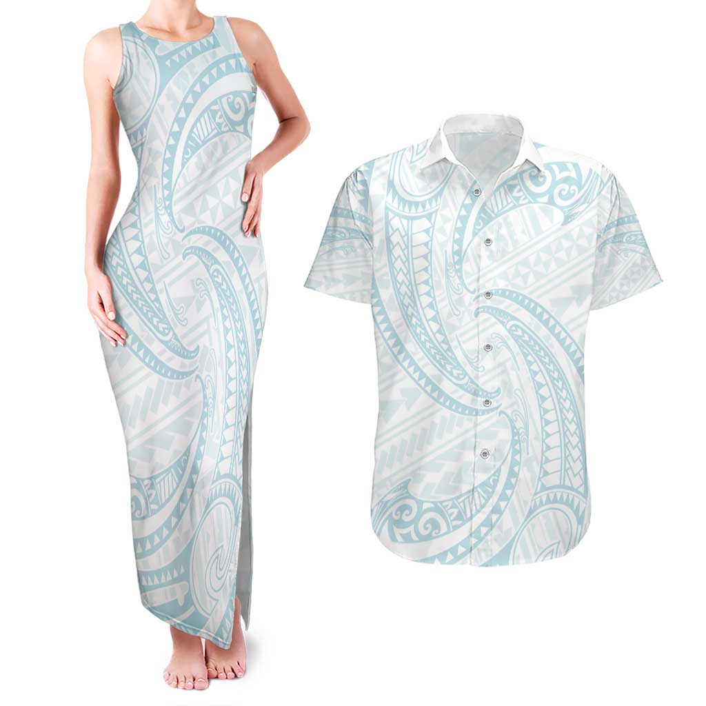 White Sunday Lotu Tamaiti Couples Matching Tank Maxi Dress and Hawaiian Shirt Polynesian Wave Pastel Cyan LT9 Cyan - Polynesian Pride