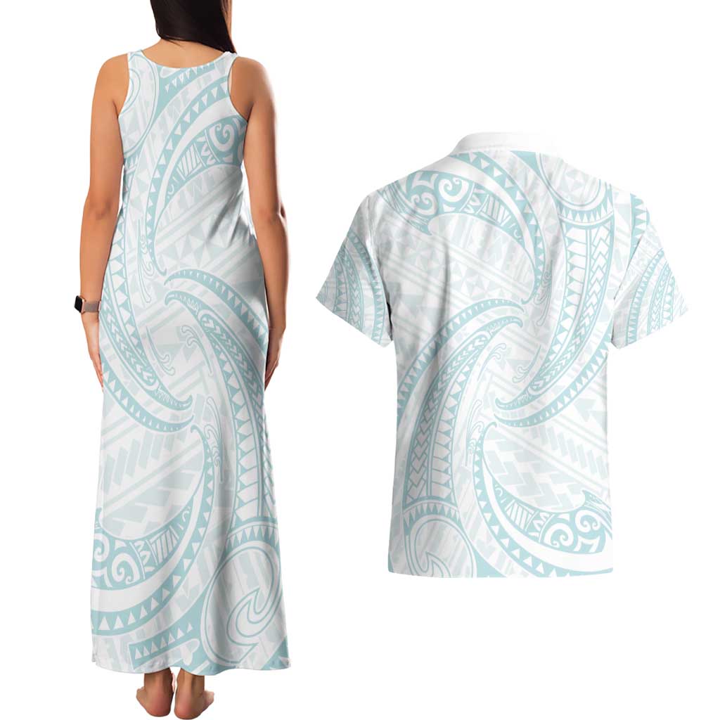 White Sunday Lotu Tamaiti Couples Matching Tank Maxi Dress and Hawaiian Shirt Polynesian Wave Pastel Cyan LT9 - Polynesian Pride