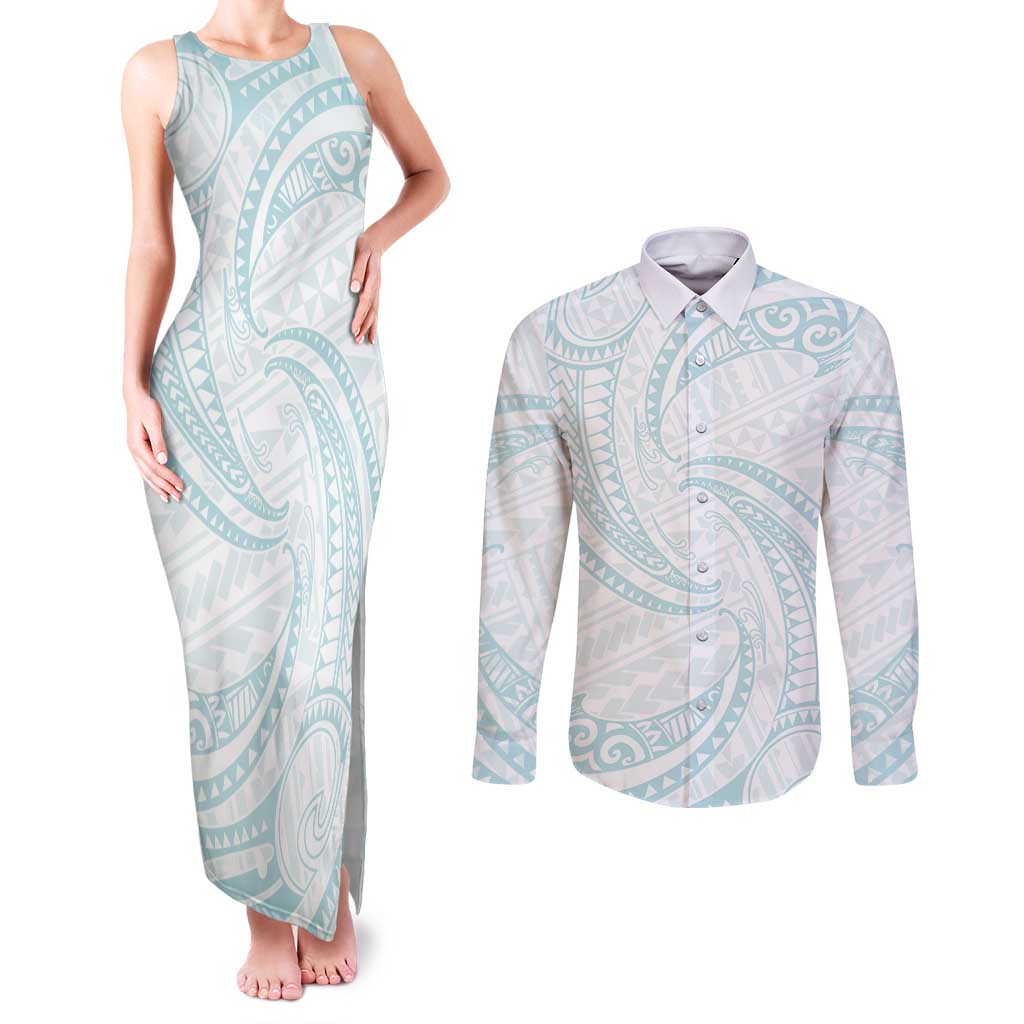 White Sunday Lotu Tamaiti Couples Matching Tank Maxi Dress and Long Sleeve Button Shirt Polynesian Wave Pastel Cyan LT9 Cyan - Polynesian Pride