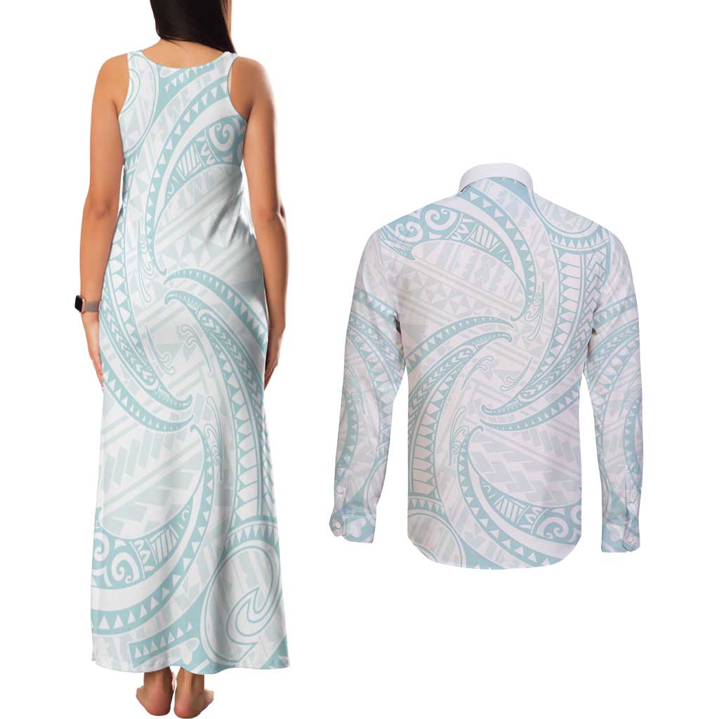 White Sunday Lotu Tamaiti Couples Matching Tank Maxi Dress and Long Sleeve Button Shirt Polynesian Wave Pastel Cyan LT9 - Polynesian Pride