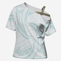 White Sunday Lotu Tamaiti Cross Shoulder Shirt Polynesian Wave Pastel Cyan LT9 Female Cyan - Polynesian Pride