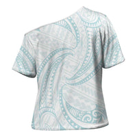 White Sunday Lotu Tamaiti Cross Shoulder Shirt Polynesian Wave Pastel Cyan LT9 - Polynesian Pride