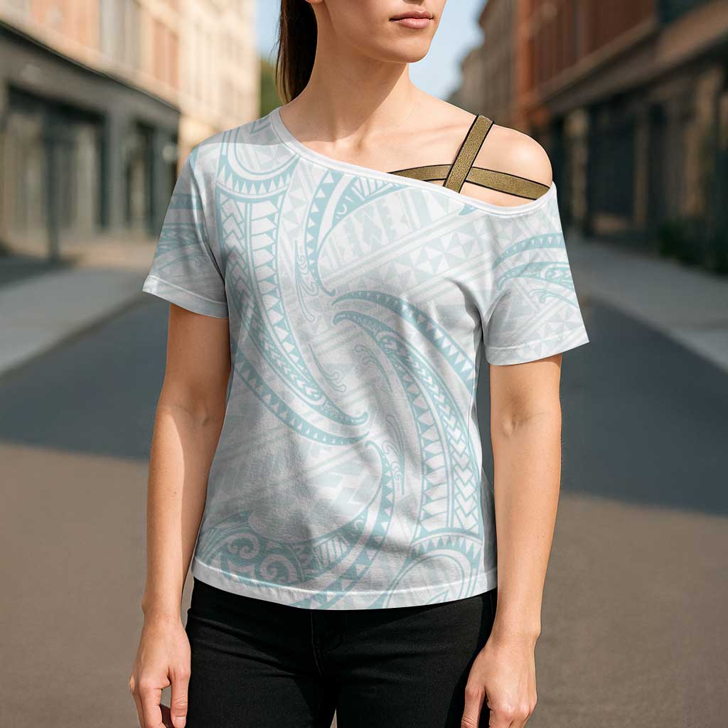 White Sunday Lotu Tamaiti Cross Shoulder Shirt Polynesian Wave Pastel Cyan LT9 - Polynesian Pride